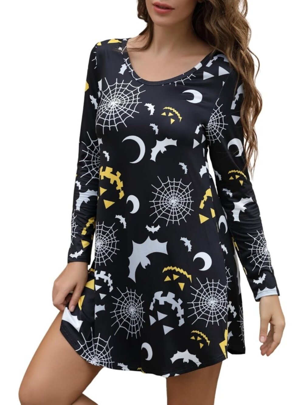 Women's Bats Spider Halloween Long Sleeve Print Swing Short Cute Costume Dresses